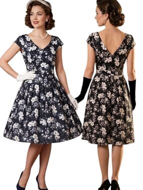 IXIA🔖NWT! Black & White Floral Print Retro 1950s Fit & Flare Dress - Size L